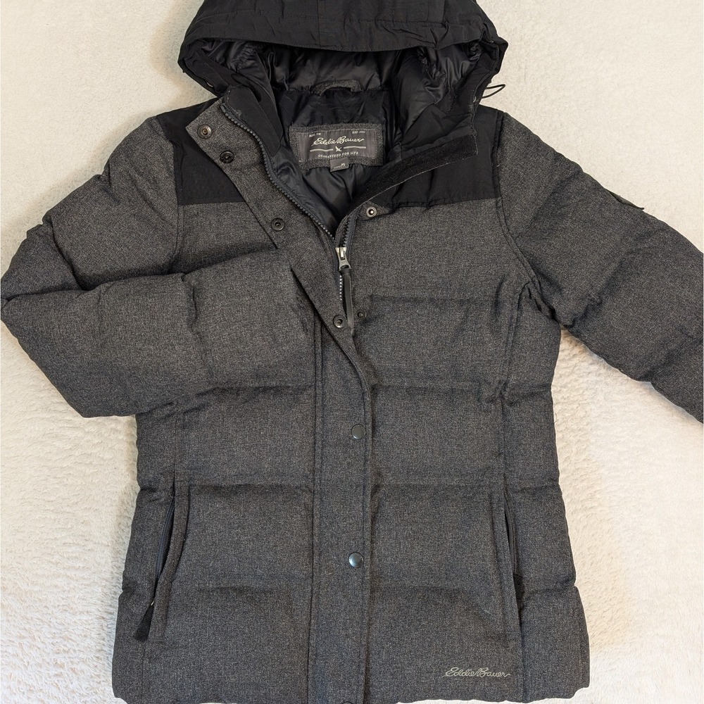 Eddie Bauer Women's PS Goose DOWN Long Puffer Grey Hooded Coat‎ HEAVY